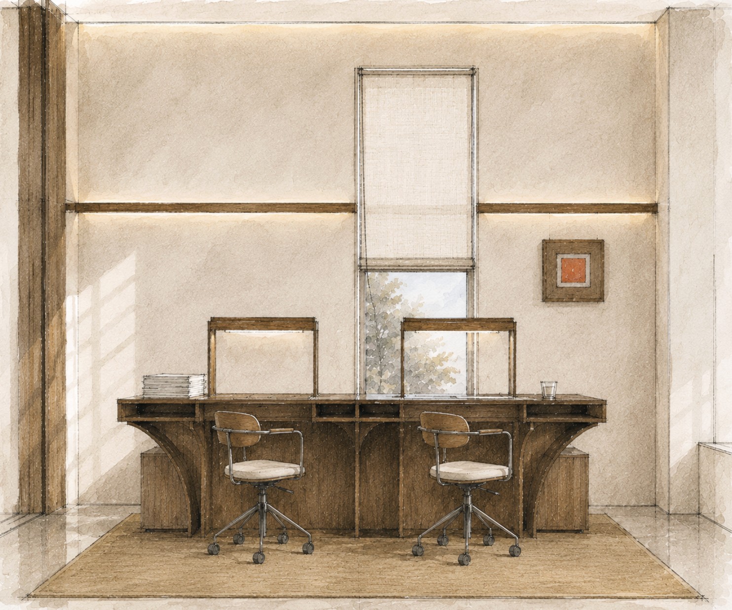 Office Project with a generous desk and warm timber finishes